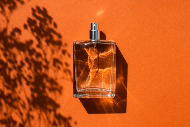 Transparante fles parfum op een oranje achtergrond. Parfumpresentatie met daglicht. Trending concept in natuurlijke materialen met plantenschaduw. Essentie voor vrouwen en mannen. - Foto, afbeelding