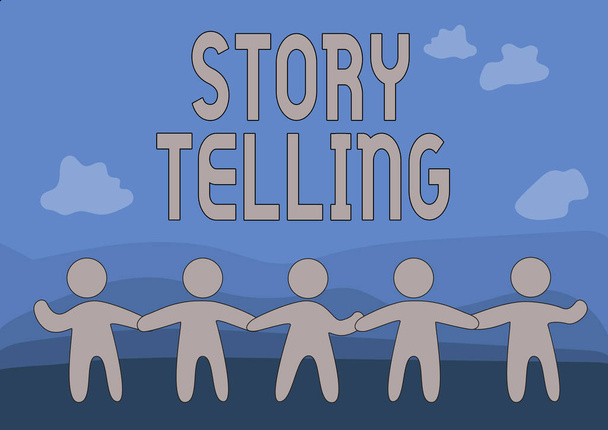 Tekst met inspiratie Story Telling. Concept betekent activiteit het schrijven van verhalen voor het publiceren van hen aan het publiek Vijf staande mensen Tekenen Handen vasthouden Toont Team Ondersteuning. - Foto, afbeelding