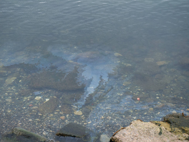 Βρώμικο ελαιώδες φιλμ στην επιφάνεια της γαλαζοπράσινης θάλασσας στην παραλία. βιομηχανική απόρριψη λυμάτων διαρροή .Λάδι ταινία ρύπανση. Πολύχρωμο φιλμ λαδιού στο νερό. βιομηχανική διαρροή υγρών αποβλήτων. ουράνιο τόξο στη θάλασσα - Φωτογραφία, εικόνα