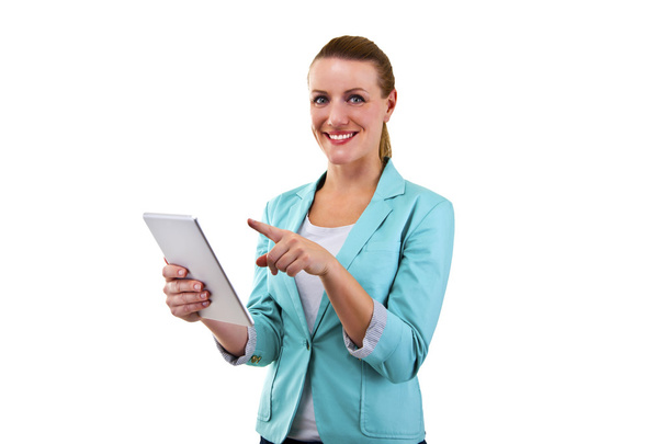 smiling woman with tablet touching - Photo, Image