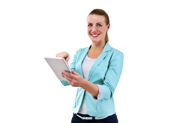 smiling woman with tablet touching - Photo, Image