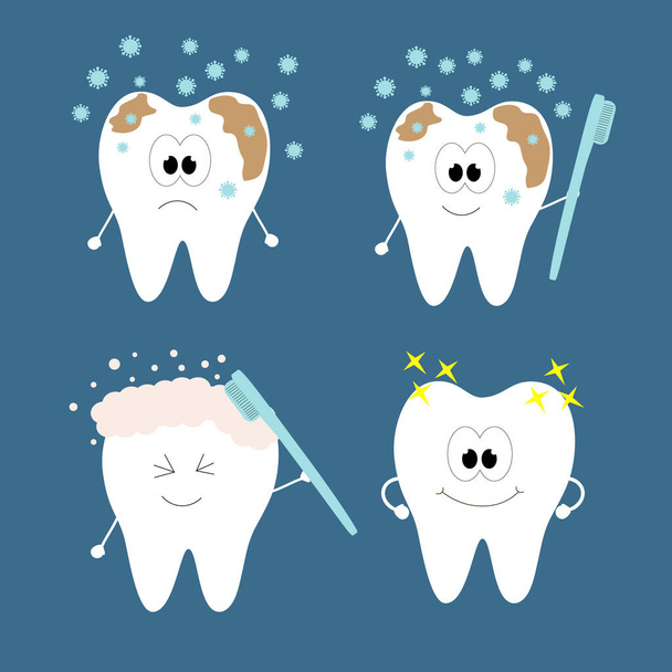 Un conjunto de dientes que muestran cómo deshacerse de la suciedad y los microbios. - Vector, imagen