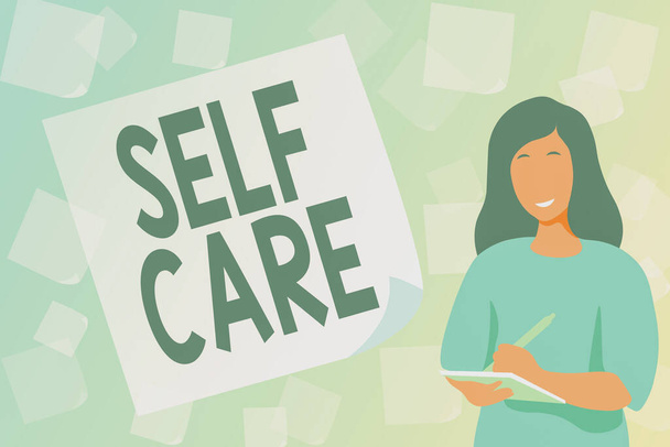 Kirjoitetaan tekstinäytöstä Self Care. Business showcase käytäntö ryhtyä toimiin säilyttää tai parantaa omaa terveyttä Kirjoittaminen New Student Workbooks, Luominen ja julkaiseminen Online Ebook - Valokuva, kuva