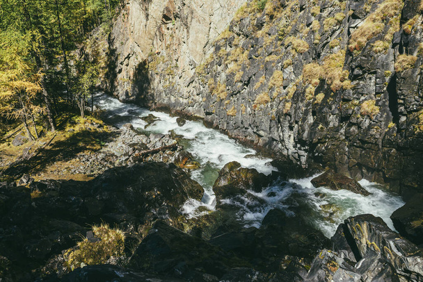 Légköri hegyvidéki táj turbulens hegyi folyó sziklák között közelében sziklás fal ősszel napsütésben. Gyönyörű alpesi táj hatalmas hegyi folyóval és őszi erdő napfényben - Fotó, kép