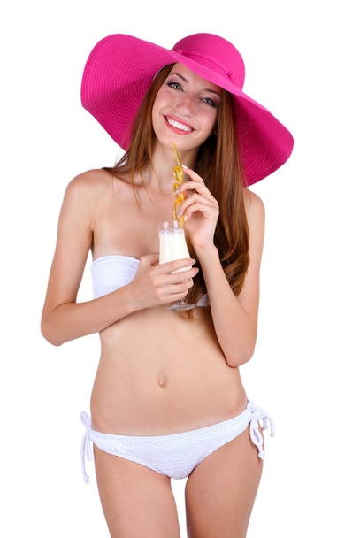 Beautiful woman in swimsuit with cocktail - Fotoğraf, Görsel