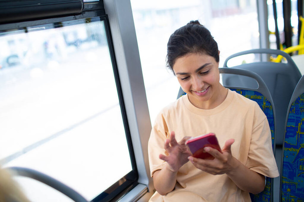 Indian Woman ride in public transport bus or tram. - Foto, Imagem