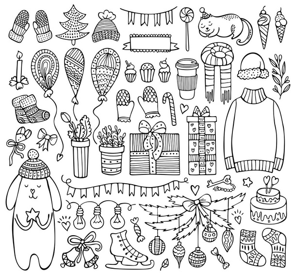 Set of doodle Christmas and winter elements - Vector, imagen