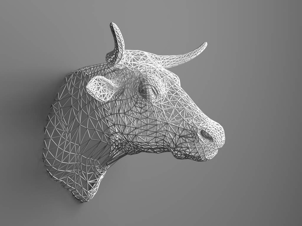 Artificial bull's head hanging on the wall. Polygonal head of a bull. Cows from the three-dimensional grid. The object of art on the wall. Volume model. Meshwork - Photo, Image