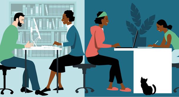 Γυναίκα σε υβριδικό χώρο εργασίας μοιράζονται το χρόνο της μεταξύ ενός γραφείου και εργασίας από το σπίτι και βοηθώντας την κόρη της μελέτη, EPS 8 διανυσματική απεικόνιση - Διάνυσμα, εικόνα