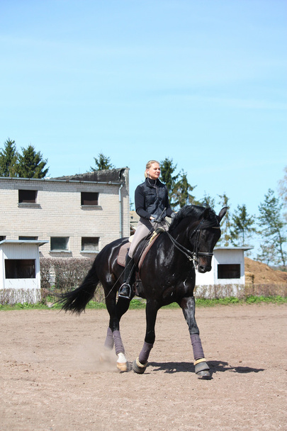 Blonde woman riding black horse - Photo, Image