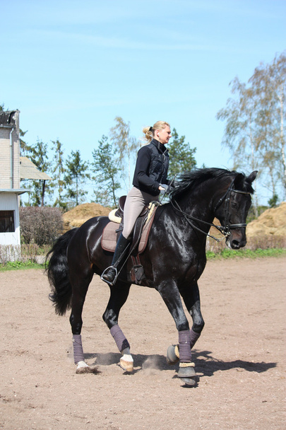 Молода жінка верхи на чорному коні
 - Фото, зображення