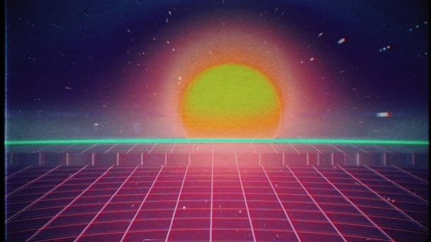 Retro futuristic 80s VHS tape video game intro landscape. Flight over the neon red laser beam glowing grid with sunrise and stars with glitches. Arcade vintage stylized sci-fi VJ motion 3D render - Φωτογραφία, εικόνα