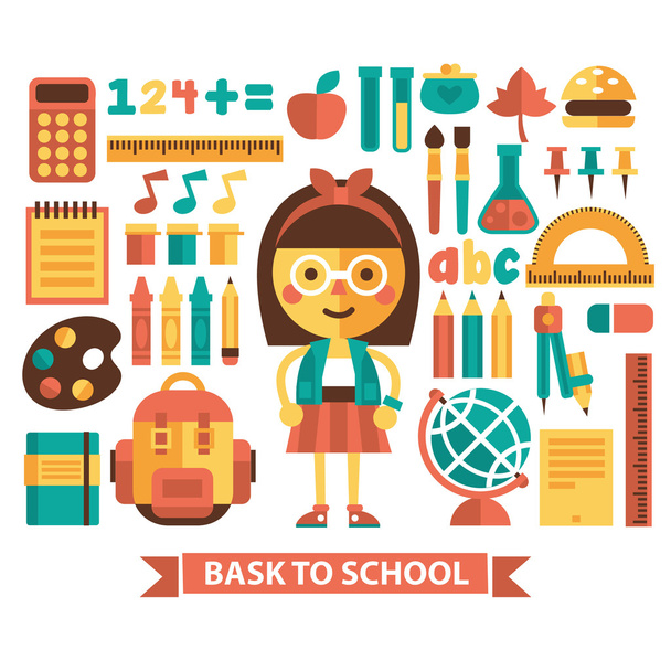 Set of icons and characters on a school theme. Flat design. Vector. - Vector, Image