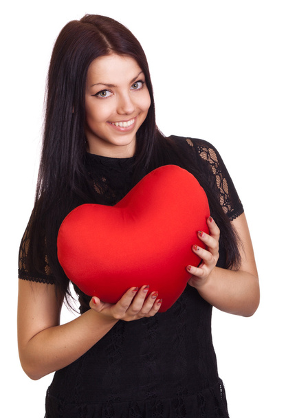 Woman holding Valentines Day heart sign with copy space - Φωτογραφία, εικόνα