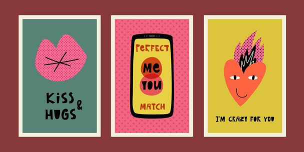 Ημέρα του Αγίου Βαλεντίνου αστείες κάρτες. Φιλί και αγκαλιές, αγάπη τηλέφωνο app και εσείς και εγώ είναι ένα τέλειο κείμενο αγώνα, Είμαι τρελός για σας - Διάνυσμα, εικόνα