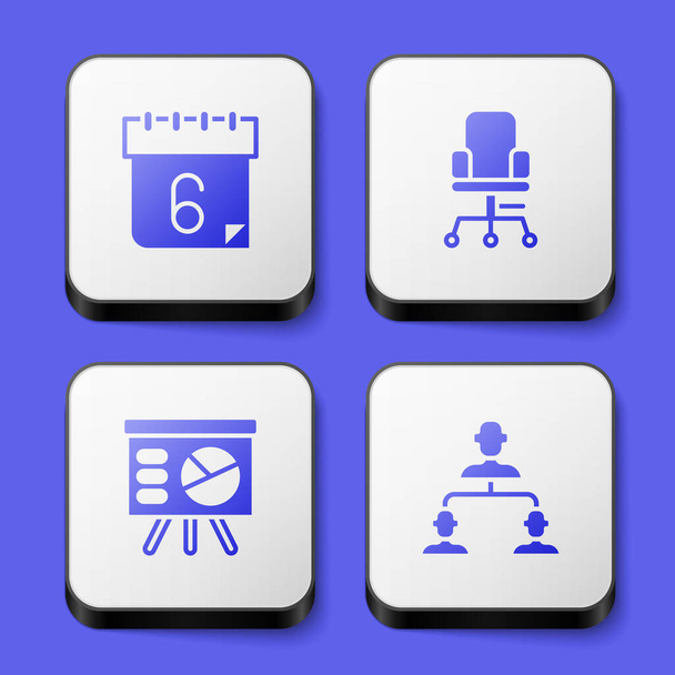 Set Kalender, bureaustoel, bestuur met grafiek en werknemershiërarchie icoon. Witte vierkante knop. Vector - Vector, afbeelding