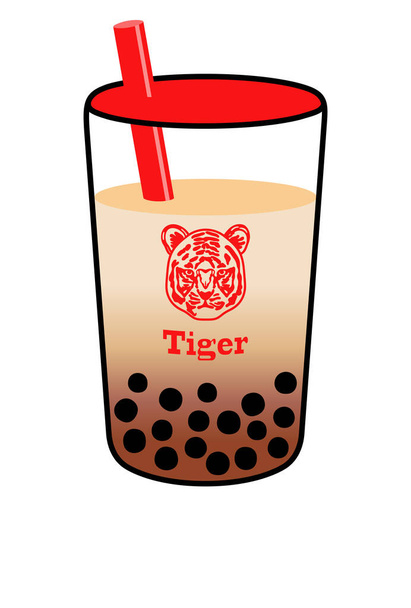 Illustration einer Tasse Tapioka-Drink mit einem Tigergesicht darauf. Es ist eine Vorlage für die Neujahrskarte des Tigerjahres des Tierkreises. Es gibt einen Spielraum, um das Einfügen von Zeichen zu erleichtern.  - Foto, Bild