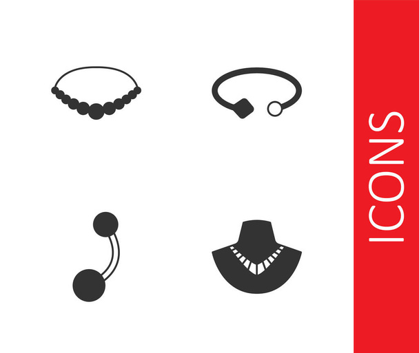 Set collar de maniquí, collar de perlas, piercing y pulsera icono de la joyería. Vector - Vector, imagen