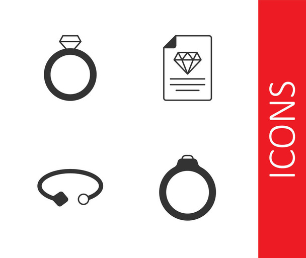 Set de anillo de compromiso de diamantes, joyas pulsera y certificado del icono de diamante. Vector - Vector, Imagen