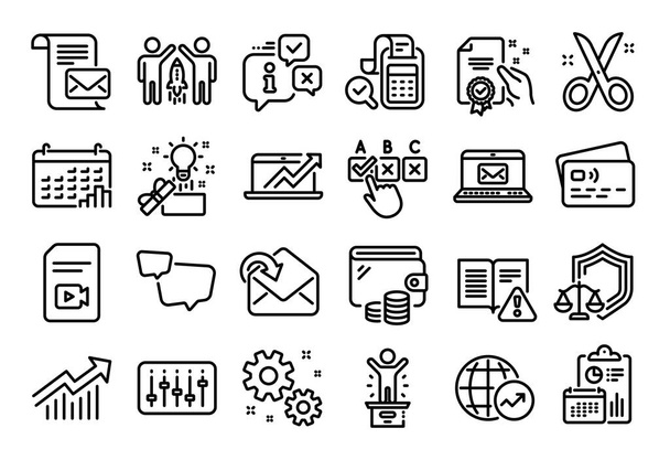Vector set of World statistics, Receive mail and Speech bubble line icons set. Calendar report, Money wallet and Credit card tag. Sales diagram, Mail letter and Certificate icons. Vector - Vektor, Bild