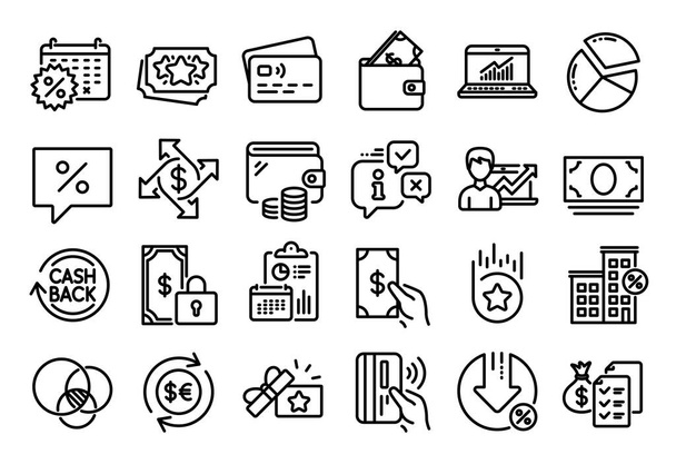 Vector set of Online statistics, Pie chart and Receive money line icons set. Calendar report, Money wallet and Credit card tag. Success business, Loan percent and Calendar discounts icons. Vector - Wektor, obraz