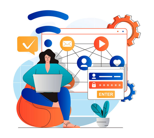 Social network concept in modern flat design. Woman gets access to profile with password and login, sends messages and views digital content in social media. Online communication. Vector illustration - Vector, Image