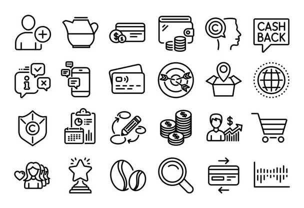 Vector set of Communication, Search and Business growth line icons set. Calendar report, Money wallet and Credit card tag. Globe, Copyright protection and Keywords icons. Vector - Vektör, Görsel