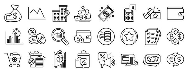 Set of Finance icons, such as Loyalty points, Line chart, Survey checklist icons. Payment, Calculator, Loan house signs. Loyalty star, Money exchange, Money wallet. Data analysis, No cash. Vector - Vektori, kuva
