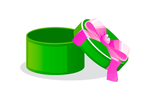Caixa de presente verde aberta redonda com arco para jogos. Ilustração vetorial caixa vazia elemento gráfico. - Vetor, Imagem