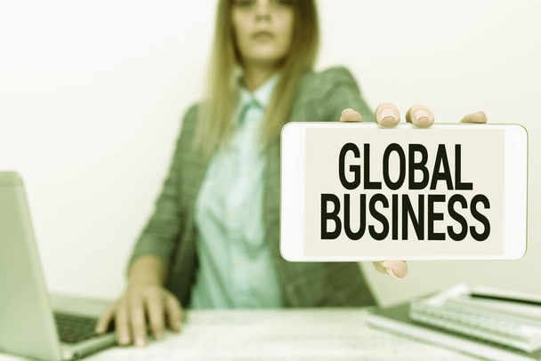 Text showing inspiration Global Business. Business concept Trade and business system a company doing across the world Financial Advisor Giving Money Saving Tips, Entrepreneur Discussing Deals - Photo, Image