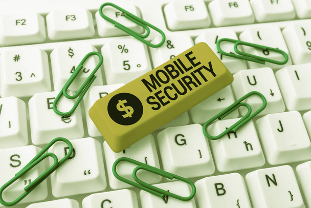 Käsinkirjoitusmerkki Mobile Security. Sana matkapuhelimen suojaamiseksi uhkilta ja haavoittuvuuksilta Abstrakti kirjoituslisenssisopimus, Online-hakukirjan luominen - Valokuva, kuva