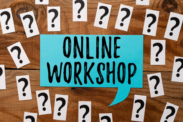 Jelzés megjelenítése Online Workshop. Internet Concept bemutatja az áruk és áruk az elektronikus honlapok Brainstorming új ötletek és inspiráció megoldások áttörési problémák - Fotó, kép