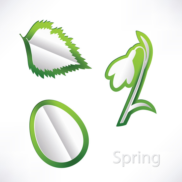 Spring background with snowdrop, birch leaf and egg origami - Vector, Image