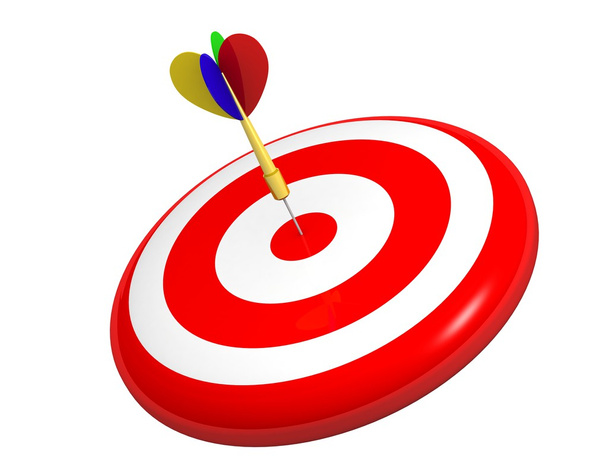 Conceito de negócios e esportes com dardos 3d em bullseye
 - Foto, Imagem
