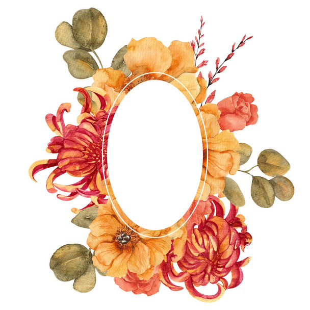 Watercolor fall frame with pretty flowers and leaves, hand draw illustration - 写真・画像