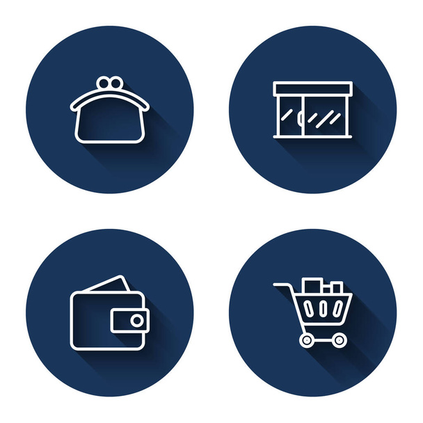 Set line Wallet, Market store, and Shopping cart and food with long shadow. Blue circle button. Vector - Vektör, Görsel