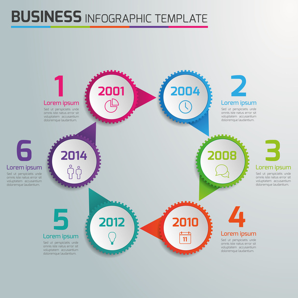 6 Schritte Prozess Business-Infografiken, Lichtvektorhintergrund, Kreise, Getriebe - Vektor, Bild