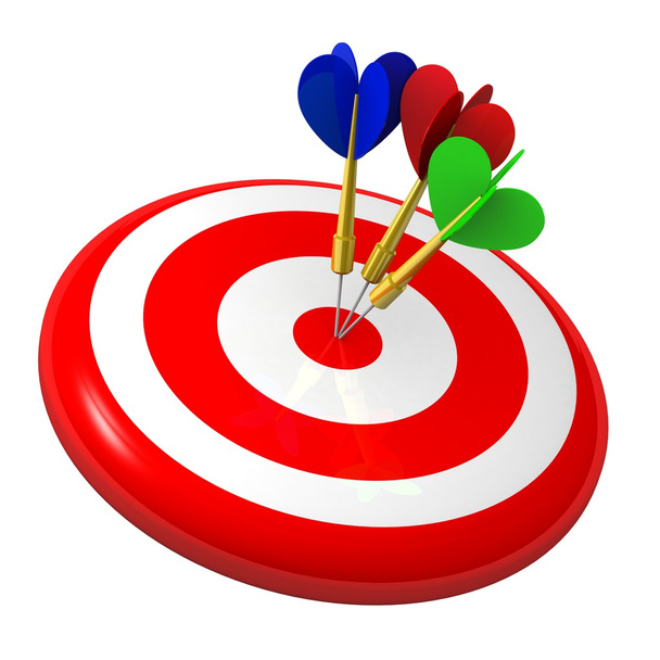 Conceito de negócios e esportes com dardos 3d em bullseye
 - Foto, Imagem
