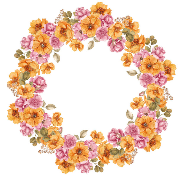 Watercolor fall wreath with autumn floral, isolated on white background - Foto, afbeelding