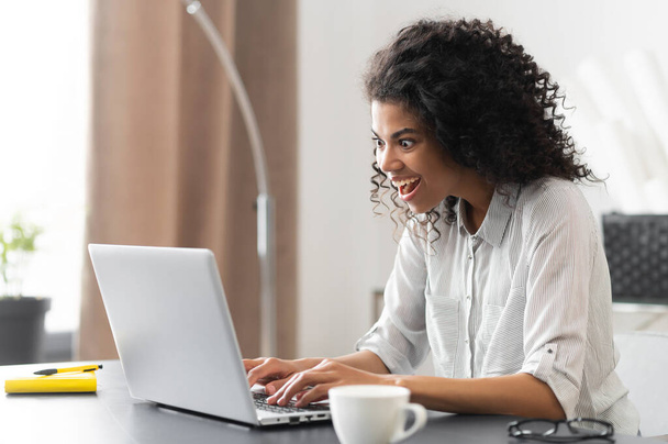 Biracial young woman with Afro hair using laptop indoor - Foto, imagen