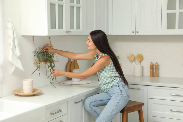 Beautiful young woman taking care of houseplant while sitting on stool in kitchen - Фото, зображення