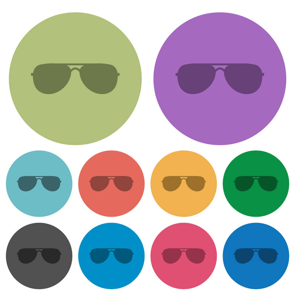 Gafas de sol Aviator iconos planos más oscuros sobre fondo redondo de color - Vector, imagen