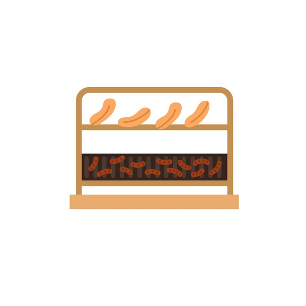 Pedaços de carne de desenhos animados planos, salsichas na grelha de churrasco, alimentação saudável e conceito de ilustração de vetor de cozinha de alimentos - Vetor, Imagem