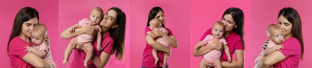 Collage with photos beautiful mother and her cute baby on pink background. Banner design - Foto, Imagen