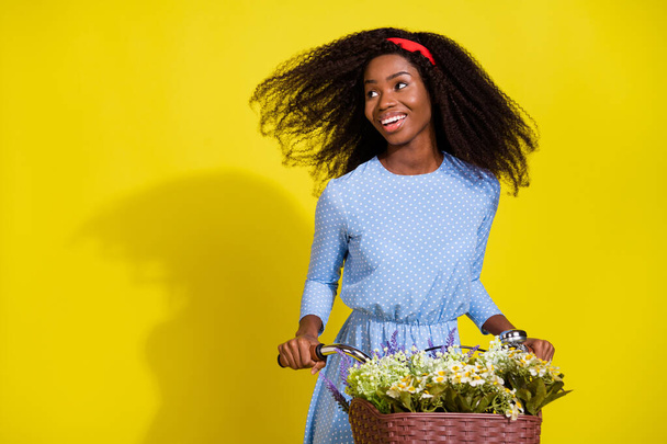 Photo portrait of curly girl in dotted blue dress riding bike with flowers basket looking copyspace isolated vivid yellow color background - Foto, Imagem
