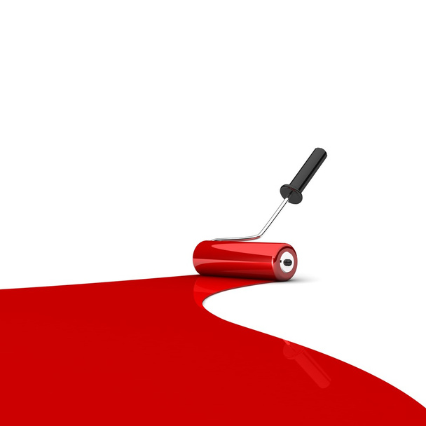 Paint roller and red paint stripe. - Fotoğraf, Görsel