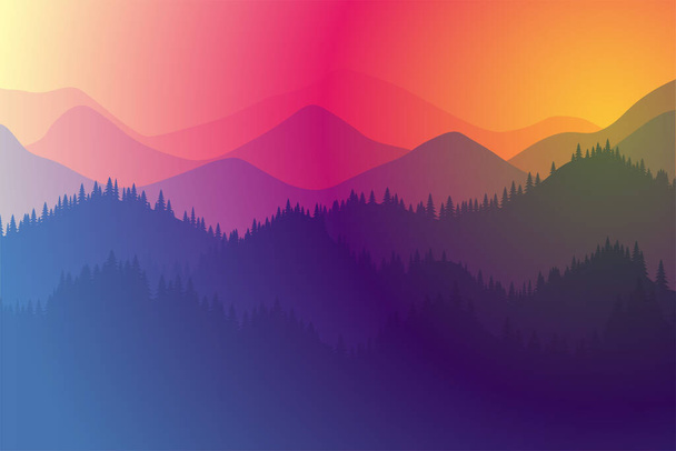 Bergen variëren 's morgens of' s avonds landschap met mist en bos. Zonsopkomst en zonsondergang spelen van kleuren en licht in berg rotsen vector horizontale illustratie - Vector, afbeelding
