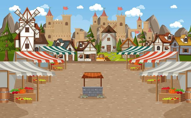 Scena medievale della città con illustrazione del mercato - Vettoriali, immagini