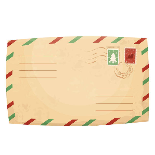Christmas retro letter, envelope with stamp, seal in cartoon style isolated on white background. Greeting, decoration. Vintage textured paper. . Vector illustration - Vector, Image