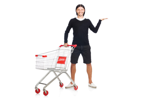 Man shopping with supermarket basket cart isolated on white - Foto, afbeelding